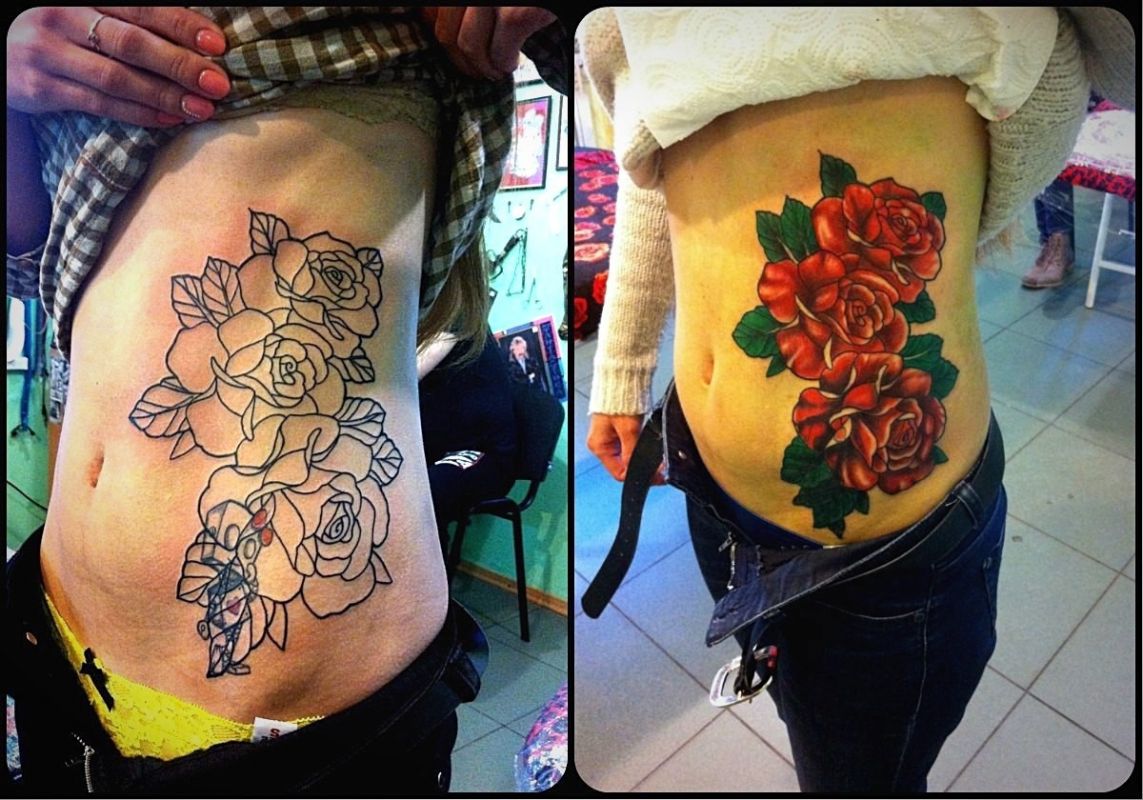 Для дівчат кольорові квіти, фото -  Black Horn Tattoo