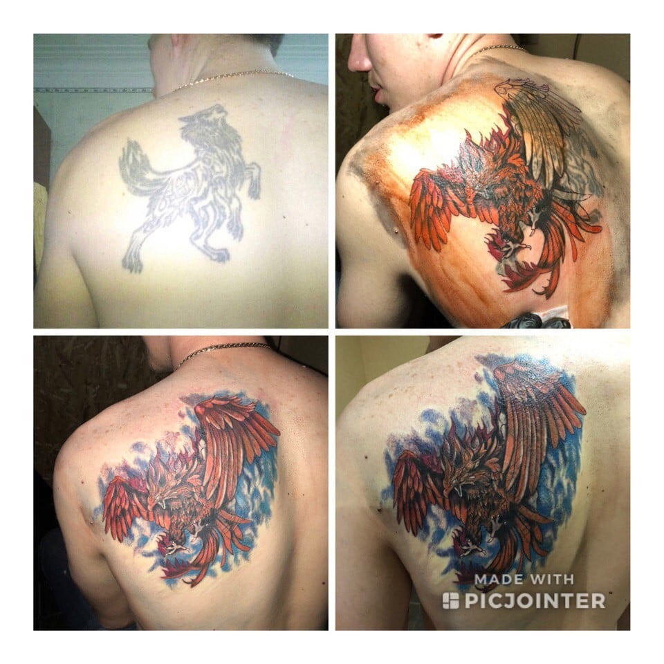 Мужские цветные на спине, фото - Тату мастер Олег Беляков