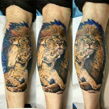мужские, на ноге, цветные, реализм, лев, на голени