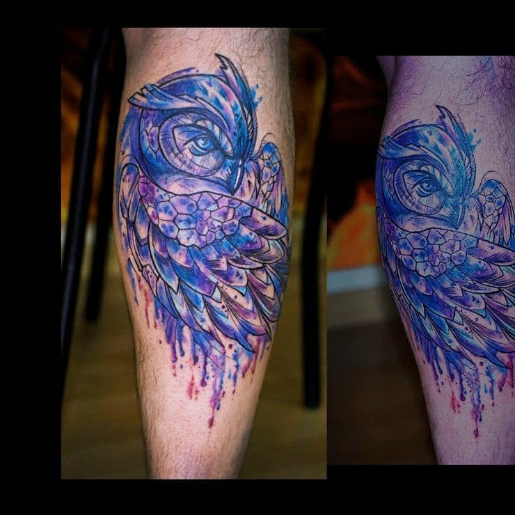 На ноге цветные сова, фото - Тату мастер Владимир Липинский