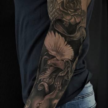мужские, рукав, роза, черно-белые, птица, black&grey, голубь, тату рукав