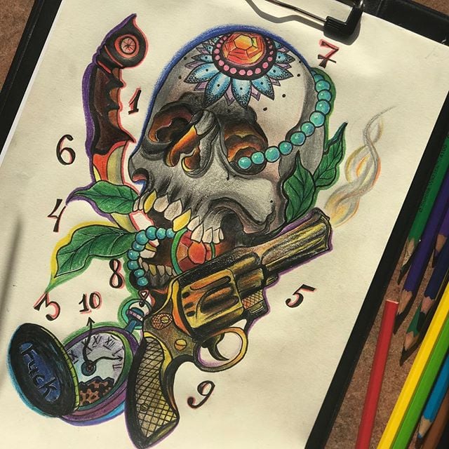 Эскиз череп кольорові, фото - Тату майстер Саша Видайко