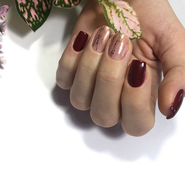 Нюдовый маникюр с рисунком бордовый, фото -  Beauty Academy