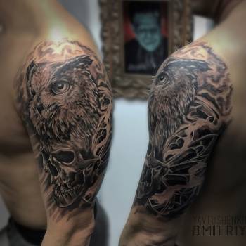 Тату филина и Черепа с готическими элементами. Студия тату Я