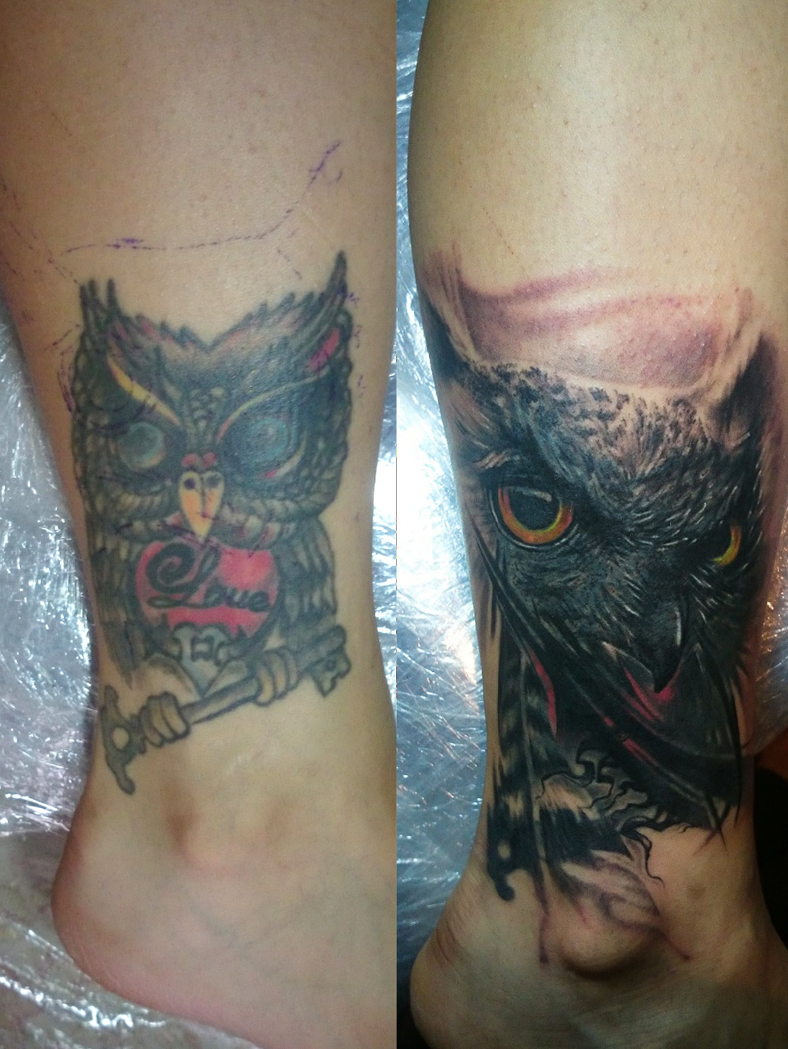 Цветные сова на щиколотке, фото - Тату мастер Виктор Игнатенко