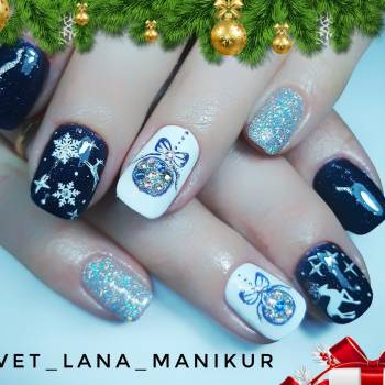 маникюр на короткие ногти, новогодний маникюр, маникюр с рисунком, маникюр зима, синий маникюр, маникюр с серебром, маникюр снежинки, маникюр олени, зимний маникюр