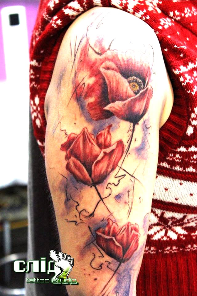 Женские на плече цветные, фото - Студия татуажа Слід