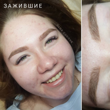 Брови, зажившие после основной процедуры и коррекции татуажа