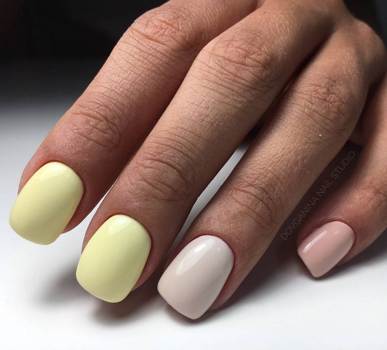Нюдовый маникюр желтый на квадратные ногти, фото - Ногтевая студия Dovganina Nail Studio