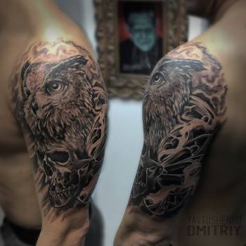 Череп с филином тату , Украина \ Индивидуальные проекты 