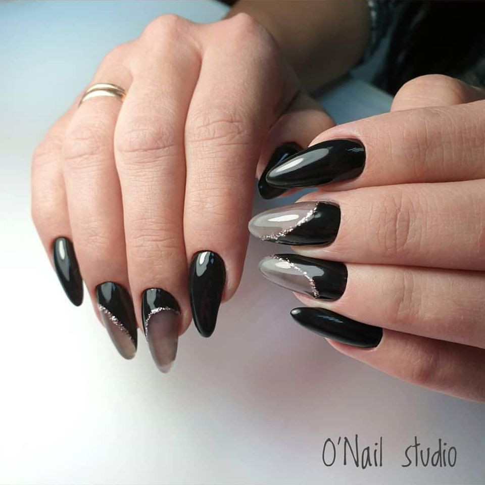 Манікюр з блискітками чорний на довгі нігті, фото - Студія краси O`Nail by Olya Alekseeva