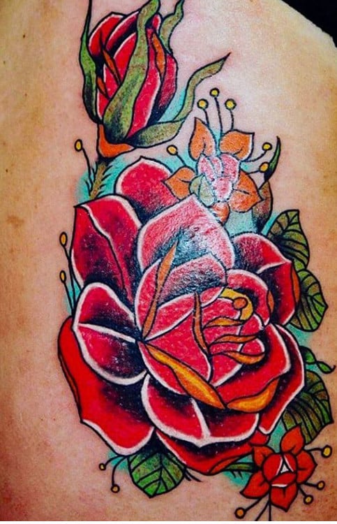 Роза цветные на спине, фото - Тату мастер Виталий Поночевный