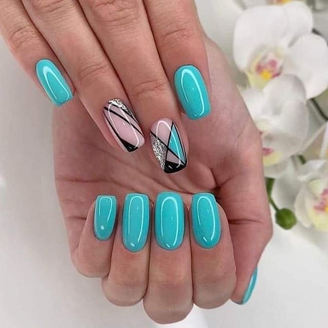 Манікюр з блискітками геометрія бірюзовий, фото - Студія краси Zazzy Look