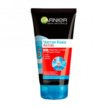 Гель для вмивання Garnier Skin Naturals Чиста Шкіра Актив 3 в 1 з вугіллям, 150 мл