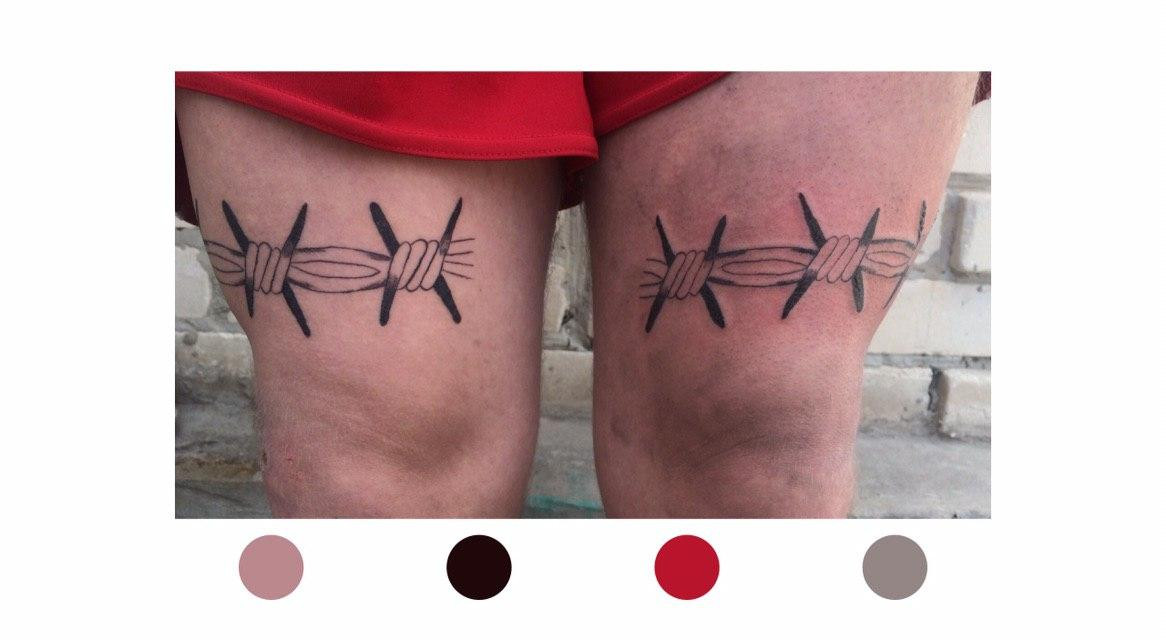 На ноге черно-белые колючая проволока, фото - Тату мастер Анастасия Новикова