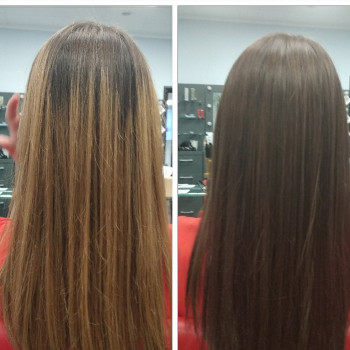 До и после, окрашивание волос в тон корней.