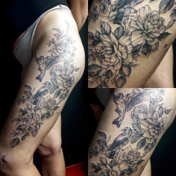 Цветы и птицы.
Перекрытие шрамов.