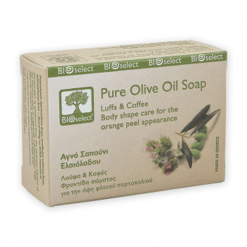 Натуральне оливкове мило BIOselect Olive Oil Soap для антицелюлітного догляду, з екстрактом люфи та кавою, 80 г