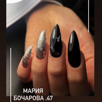 черный маникюр, маникюр с серебром, маникюр на острые ногти, маникюр