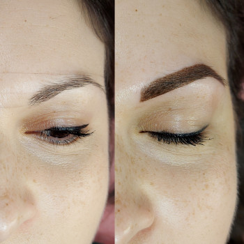 Перманентный макияж бровей до и сразу после процедуры