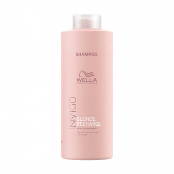 Шампунь-нейтралізатор жовтизни Wella Professionals Invigo Blonde Recharge Shampoo для холодних світлих відтінків, з кольоровими пігментами, 1 л