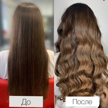 Укладка на плойку на густые, длинные, не окрашенные волосы «