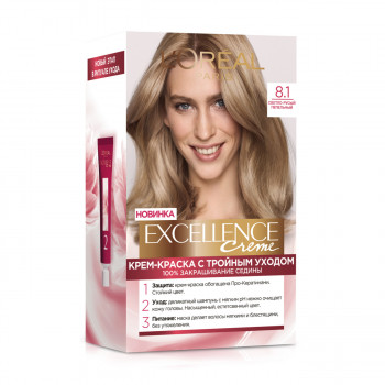 Крем-фарба для волосся L'Oreal Paris Excellence Creme з потрійним доглядом, 8.1 Світло-русявий попелястий, 192 мл