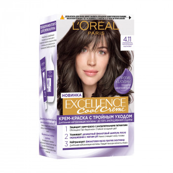 Крем-фарба для волосся L'Oreal Paris Excellence Creme з потрійним доглядом, 4.11 Ультра попелястий каштановий, 192 мл