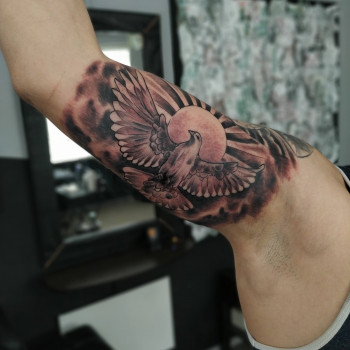 Тату солнце птица black&grey, фото - Тату мастер Дмитрий Tattooin
