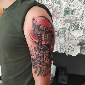 на плече, японские, воин, black&grey, самурай, тату самурай