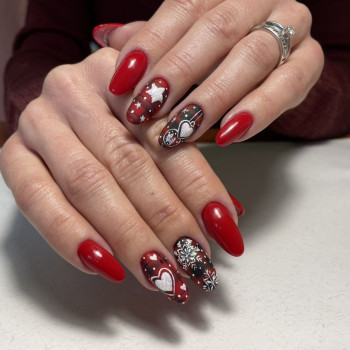 Червоний манікюр новорічний з малюнком, фото - Майстер манікюру Марина Бережная