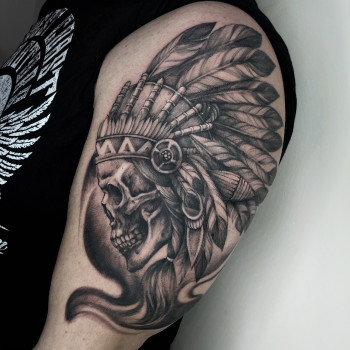 на плече, череп, индеец, black&grey, крутые, тату на плече