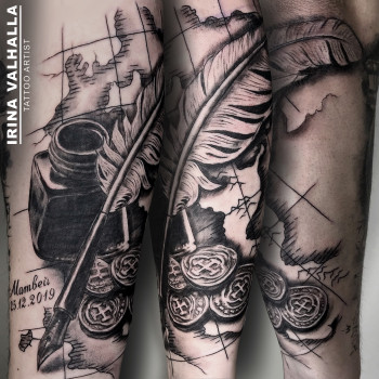 Тату перо black&grey карта, фото -  
