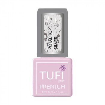 Каучуковий топ для гель-лаку Tufi profi Premium Potal Top без липкого шару, з поталью срібло, 8 мл