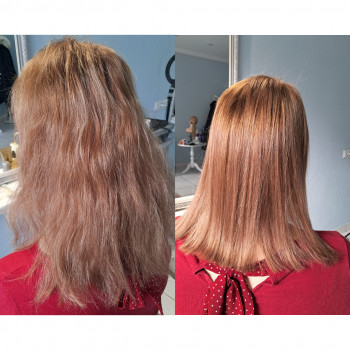 Кератин на цьому волоссі після блонду та невдалих окрашувань
 