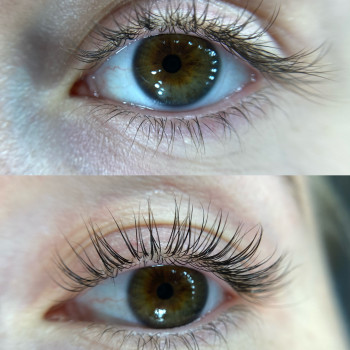 Ламинирование ресниц до (верхние фото) и после (нижнее фото)
 