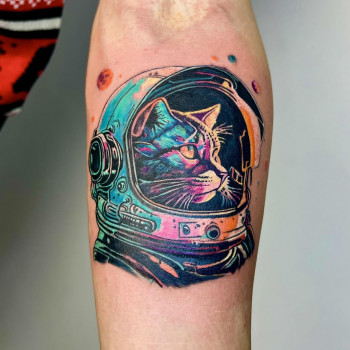 Тату кольорові кішка космонавт, фото - Тату салон Free Art Tattoo