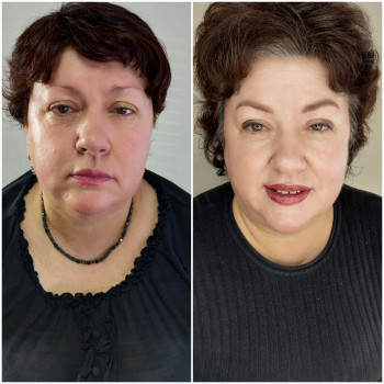 Фото ДО та ПІСЛЯ. Відразу три зони. Пудрове напилення брів, стрілка з розтушовкою та помадний прокра...