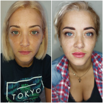 Фото ДО та ПІСЛЯ. Відразу три зони. Пудрове напилення брів, стрілка з розтушовкою та помадний прокра...