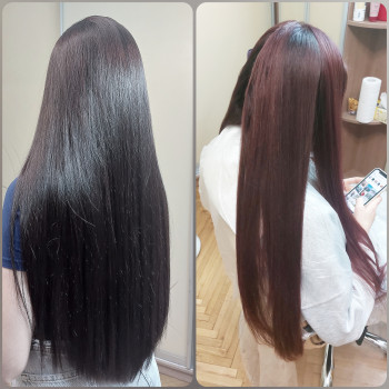 Стрижка длинных волос, окрашивание волос в тёмный тон 