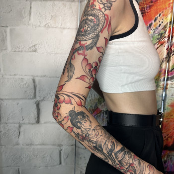 Тату женские рукав японские, фото - Тату мастер Анастасия Титарчук