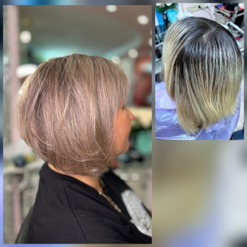 Дрібне мелірування,
тонування безаміачним фарбником, стрижка.