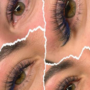 Нарощення вій 3Д з блакитними віями та віями стразами
(фото погано передає відтінок)