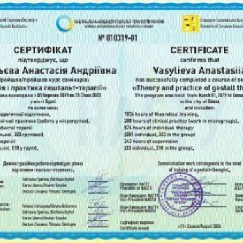 Сертифікат гештальт психотерапевта