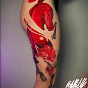 Тату кольорові на стегні лисиця, фото - Тату салон Black ton tattoo