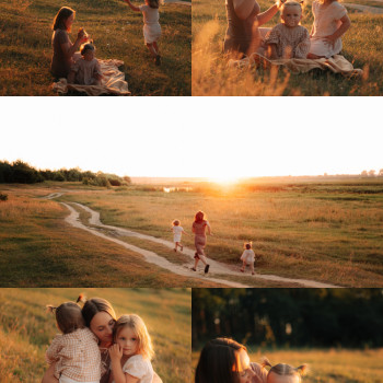 Сімейна фотосесія на заході сонечка. Мама та донечки