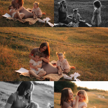 Сімейна фотосесія на заході сонечка. Мама та донечки