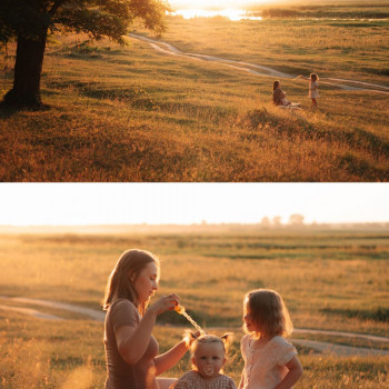 Сімейна фотосесія на заході сонечка. Мама та донечки