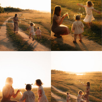 Сімейна фотосесія на заході сонечка. Мама та донечки