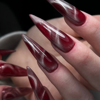 Бордовый маникюр на длинные ногти кошачий глаз, фото - Мастер маникюра Надія Середюк